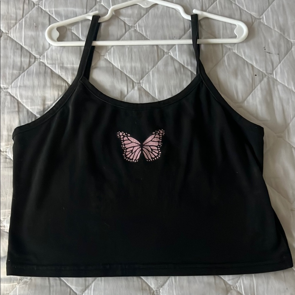 Black Tank Top with Pink Butterfly Design